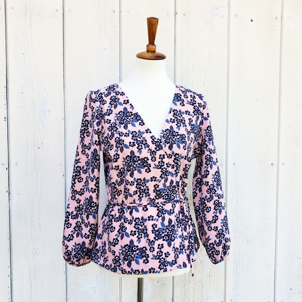 J. Crew Pink Blue Floral Print Faux Wrap Peplum Long Sleeve Blouse Top Size 4